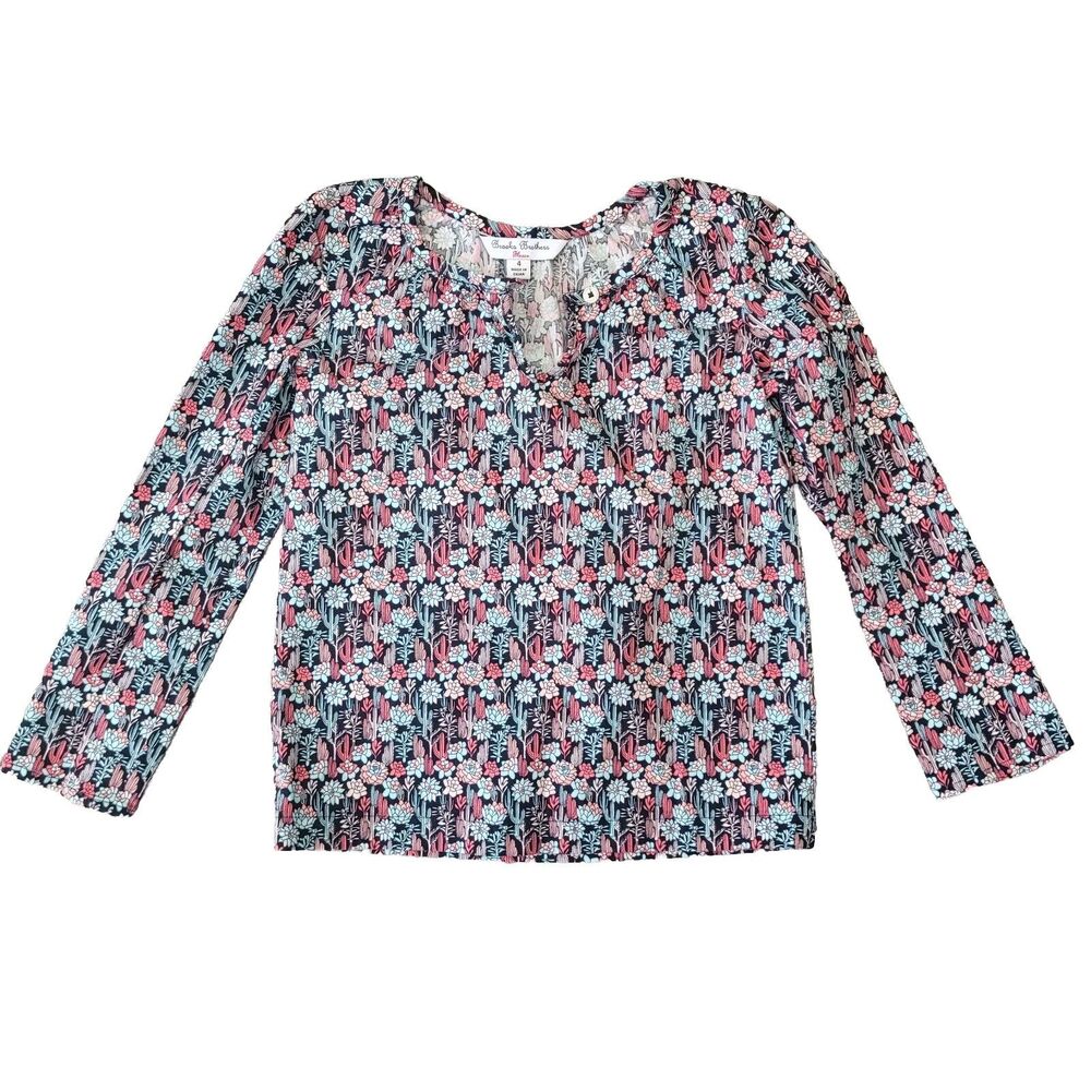 Brooks Brothers Cactus Print Navy Blue & Pink Girls Long Sleeve Shirt Size 4